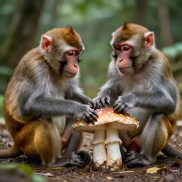 monkeys worshipping mushrooms, photorealistic,