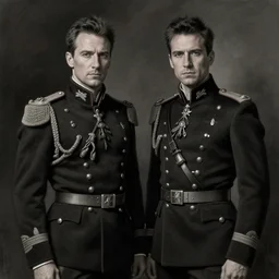 a portrait of john oliver and adam driver posing together, stoic, military uniform, fantasy, intricate, elegant, beautiful, highly detailed, charcoal, centered, dark, smokey, digital painting, artstation, concept art, smooth, sharp focus, illustration, art by artgerm and greg rutkowski and alphonse mucha