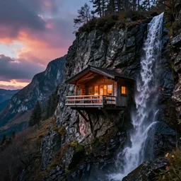a cozy cabin carved into a mountain side, waterfall, cliff, colorful clouds, dramatic lighting, artstation, matte painting, raphael lacoste, simon stalenhag, frank lloyd wright