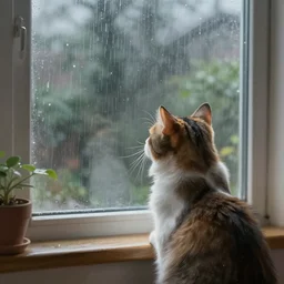 a digital painting of cat watching it rain outside a window, highly detailed