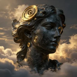 epicillustration, abstract sculpture of beautiful female face and black swirling liquifying acrylic portrait, fluffy clouds, glowing edges, golden hour, beautiful light, 3 d sculpture of carving marble, dark colors, dark mood, one point light, golden spirals, clockwork, epic matte painting, concept art, digital painting