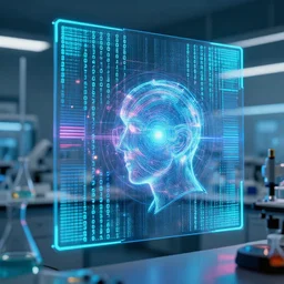 Artificial intelligence cypher codes holographically displayed at a scientific research lab. Ultra high resolution, photo realistic, depth of field, award winning, cinematic, color graded