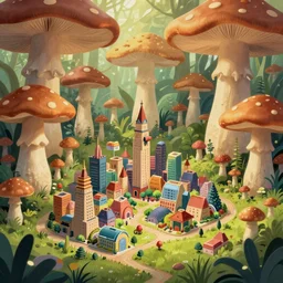 a little city in a giant mushroom forest in the style of Anato Finnstark concept art, 4K, UHD, High quality, Trending on Artstation HQ
