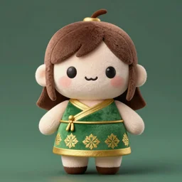 cute fumo plush of a girl in a green and gold patterned dress, stylized material bssrdf, cel shading, vray, anime girl