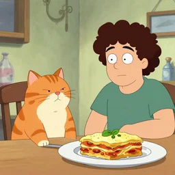 fat orange tabby cat next to curly haired man and lasagna on table, jim davis