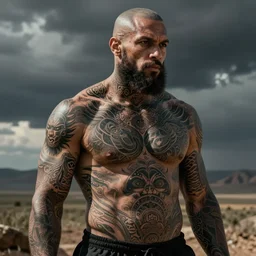 ultimate Chad, art by peter Andrew jones, all skin covered in mystical tattoos
