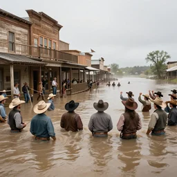 flood on Wild West town, crowd  cowboy at high noon, hyperrealistic