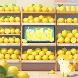 a store full of lemons, bread lemons, lemon drinks, lemon dog, lemon cat, 8 k resolution, digital art