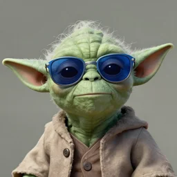 Yoda wearing blue sunglasses, matte painting by Greg Rutkowski