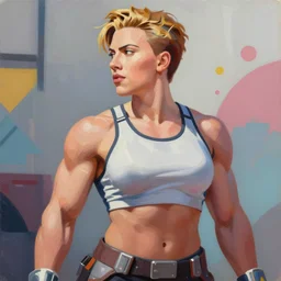 greg manchess portrait painting of scarlett johansson as muscular bodybuilder zarya from overwatch, medium shot, robust body, asymmetrical, profile picture, organic painting, sunny day, matte painting, bold shapes, hard edges, street art, trending on artstation, by huang guangjian and gil elvgren and sachin teng