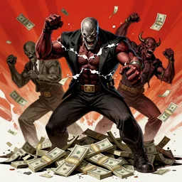 Doom slayer on pile of money fighting corporate greed demons, rip and tear, splash screen art, vivid, digital painting