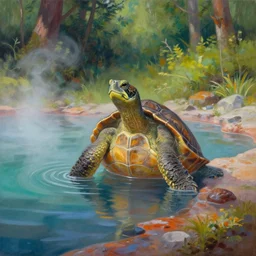 highly detailed oil painting of a turtle man sitting in a steaming colorful hotspring with woodland forest backdrop, featured on artstation