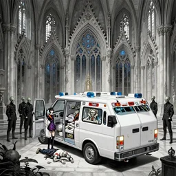 immense gothic crematorium with ambulance, dead bodies, guards, alien, sophisticated, fashionable cyberpunk gravure idol, an ultrafine hyperdetailed illustration by kim jung gi, irakli nadar, intricate linework, back and silver, porcelain skin, unreal engine 5 highly rendered, global illumination, radiant light, detailed and intricate environment