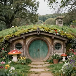 (((((1950s flower moss and mushroom covered hobbit house . muted colors.))))) by Jean-Baptiste Monge !!!!!!!!!!!!!!!!!!!!!!!!!!!