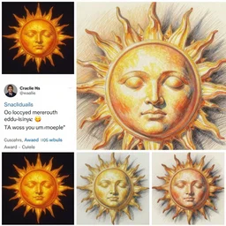 collage of craigslist ads, sleepy sun face, pen and pencil painting
