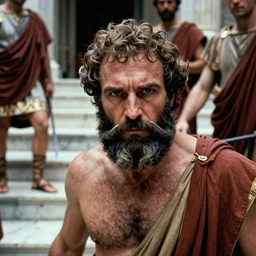 1 9 6 0 s movie still close - up of caligula being stabbed by several senator on marble stairs, cinestill 8 0 0 t 3 5 mm, high quality, heavy grain, high detail, dramatic light, anamorphic, detailed beard
