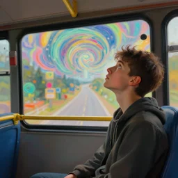 boy in a bus looking into the sky, psychedelic trip, cinematic shot, epic composition, fine details, octane render, 8 k, depth of field, concept art, oil painting, digital art, deviantart artstation, extremely detailed, very sharp,