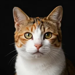 close up portrait of one calico cat by vermeer. black background, three - point lighting, enchanting, realistic features, realistic proportions, centered, facing camera.
