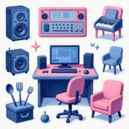 game asset of the sims cyberpunk music studio audio equipments utensils and furniture decoration, in gouache detailed paintings, props, stylized, 2 d sprites, kitbash, arcane, overwatch, blue and pink color scheme, 8 k, close up
