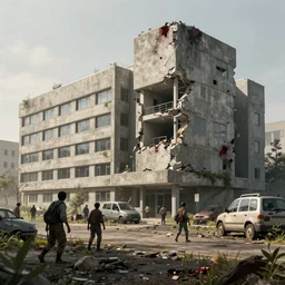 post apocalyptic hospital building, survivors fighting, morning, building, avenue, modern contemporary urban americana concrete architecture, by pascal blanche, neil blevins, apocalyptic color palette, trending on artstation, photorealistic, wilderness ambiance, ultra detailed, high definition, depth of field, bokeh, rubble, wild vegetation, blood stains, building crumbling