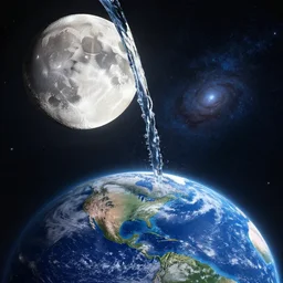 Water pouring from the moon to the earth, long distance, unreal, hd, 4k, galaxy,