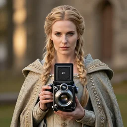 portrait photograph of a very beautiful nordic queen with ornate cloak, highly detailed, award-winning photo, bokeh, graflex camera, super resolution