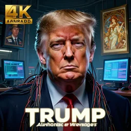 hyperrealist cyberpunk portrait of donald j trump, it is decorated with long computer wires and computer monitors in the cyberpunk office background. by jeremy mann and alphonse mucha, fantasy art, photo realistic, dynamic lighting, artstation, poster, volumetric lighting, very detailed faces, 4 k, award winning