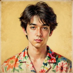 “ matthew smith portrait by ikenaga yasunari and ayana otake and ko rakusui, 6 0 s poster, drawing, realistic, sharp focus, japanese, dreamy, nostalgia, faded, golden hues, floral clothes, porcelain skin ”