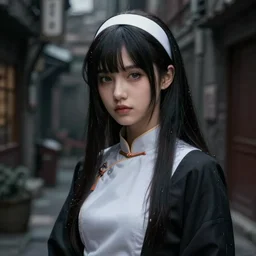 a beautiful realistic portrait of a cyberpunk priestess in a dark alley