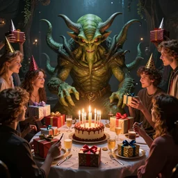 Cthulhu having a great birthday party with his human followers and fans bringing him presents