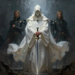 ''cinematic shot'' white hooded mage ( specter ) holding a sword, simetrical 8 k atmosferic realistic made by ivan aivazovsky, peter mohrbacher, greg rutkowski volumetric light effect broad light oil painting painting fantasy art style sci - fi art style realism premium prints available artwork unreal engine