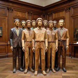 realistic photo portrait of the a sculpture of a group portrait of students made of wood, poorly designed in style of arte povera, fluxus, dadaism, joseph beuys, ugly standing in the wooden polished and fancy expensive wooden museum interior room 1 9 9 0, life magazine reportage photo