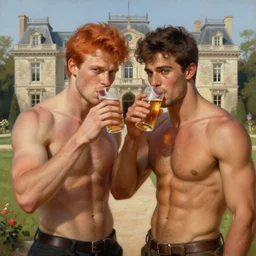 attractive muscular mike with ginger hair with muscular attractive tyler with brunet hair, drinking their hearts out, in their noble mansion. very defined and highly detailed painting by gaston bussiere, craig mullins 8 k