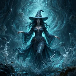 photo of mystical witch of water, hyper detailed, flowing background, intricate and detailed, trippy, 8 k, octane render