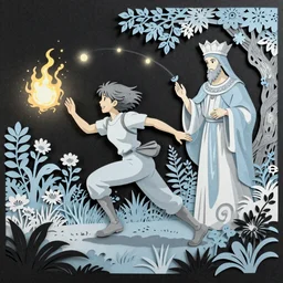 breathtaking detailed concept art painting of smiling hapa sorceress wearing trousers chasing will-o-wisps casting a fireball in a garden, orthodox saint, by Hsiao-Ron Cheng, James jean, Miho Hirano, Hayao Miyazaki, extremely moody lighting, Black paper, cut paper texture, Full of light-blue and silver and white layers, 8K
