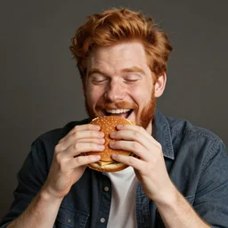ginger young handsome man with beard eating burger happily by rembrandt - n 9