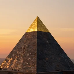 Trending on artstation, beautiful pyramid with golden tip illuminated by the sunset, detailed matte painting, rendered in Unreal Engine 5, 4K