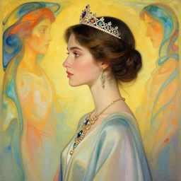 side profile, beautiful girl with a tiara and jewelry, robes, elegant, concept art, smooth, ethereal background, vibrant colors, by greg rutkowski, jesper ejsing, ilya kuvshinov, artgerm, mucha