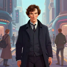 sherlock holmes in a futuristic city street, soft colours, detailed, digital art, hd, by tom bagshaw, by fintan magee, by raymond swanland