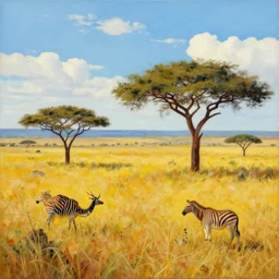 a landscape painting in the style of maximalist design, african savannah