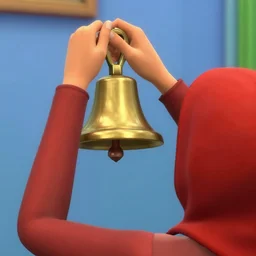 a person wearing a red hood, ringing a brass hand bell!, sims 4 screenshot