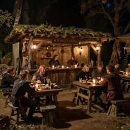 A tavern filled with adventurers, medieval fantasy, warm lighting, wide shot,