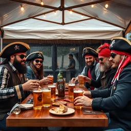 colleagues having a pirate themed barbecue wearing eye patches, parrots and jolly roger flags in front of a building hiding from the rain under a party tent enjoying their beers