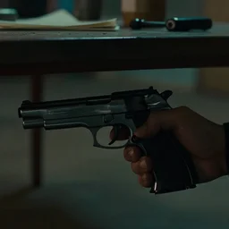 film still of closeup pistol taped under table, cinematic, moody, gritty neon noir by emmanuel lubezki