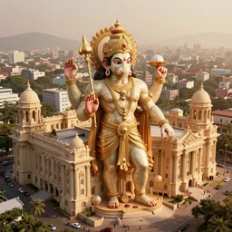 high quality 3 d neoclassical biomorphic hanuman! buildings in mumbai!! centre, hyperrealistic, cinematic smooth, berenice abbott & john j. park, hard warm morning light, wide shot, high angle, uhd 8 k, sharp focus