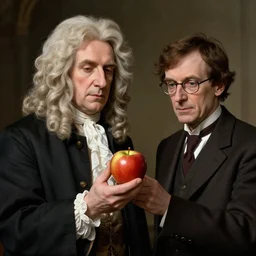 sir isaac newton giving an apple to alan turing, hyper realistic, highly detailed, sharp focus, depth of field