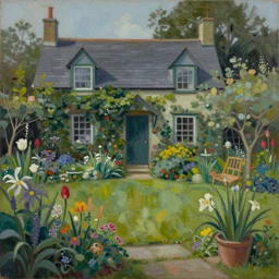 a gorgeous, fantastic, cottage garden by michael kidd, escher, victo ngai, thomas kincade, trending on artstation, artgerm, acrylic on canvas,!! muted colors!!,!! low contrast!!
