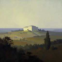 A serene landscape with a singular building in the style of franz frazetta.