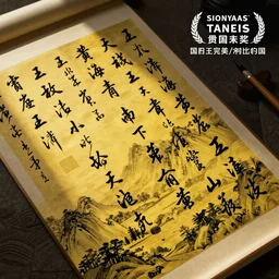 a scroll of Chinese calligraphy by Wang Xizhi, black and yellow scheme