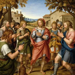 Renaissance painting of the year 100 BC with people in a roman village, everyone is on their smartphones and waearing apple watches, highly detailed, hyperrealism, award winning, vibrant colors